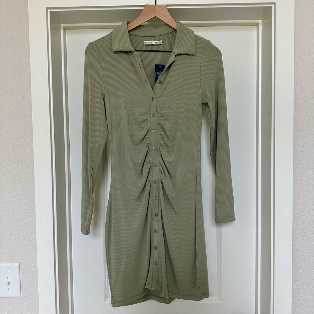 Abercrombie & Fitch Green Long-Sleeve Collared Button-Through Mini Dress